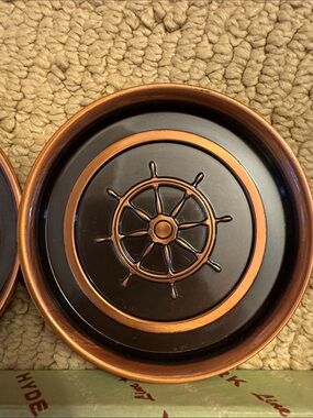 Vintage Hyde Park bronze & metal set of 6 nautical ship wheel coasters in box